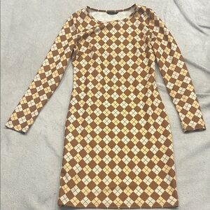 Brown and Cream Checkered Long Sleeve Dress
